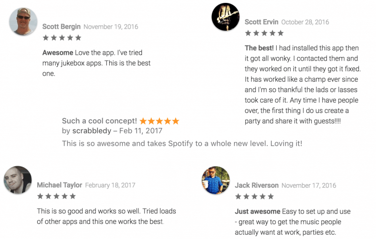 iTunes and Google Play store reviews for the Jukestar party music app